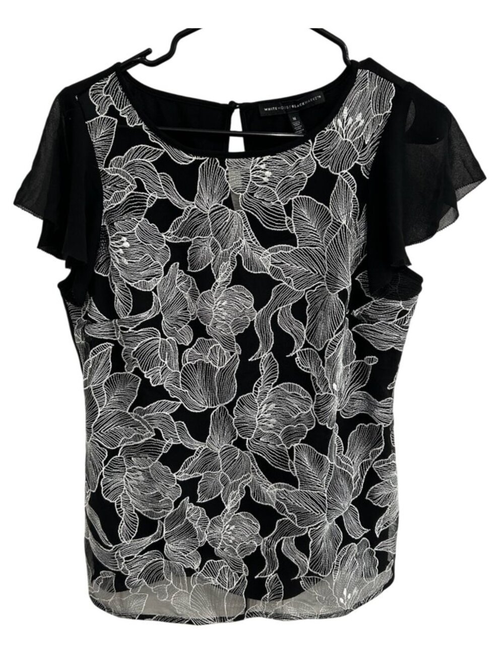 White House Black Market Medium Black Embroidered Floral Sheer Blouse Whimsigoth